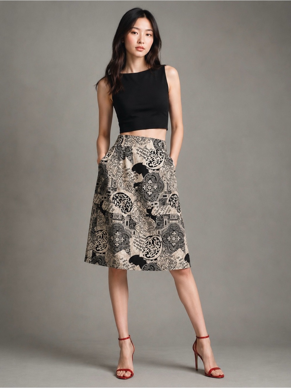 Jones New York Beige and Black Printed Midi Skirt